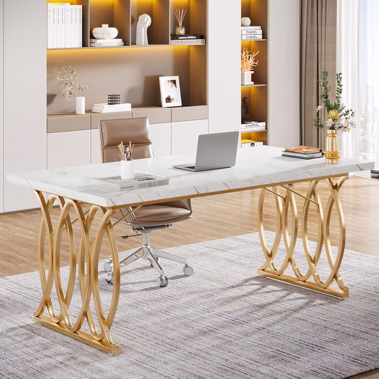 Scrivania, tavolo per computer, 160 x 80 x 75 cm, bianco, oro, resina sintetica, metallo