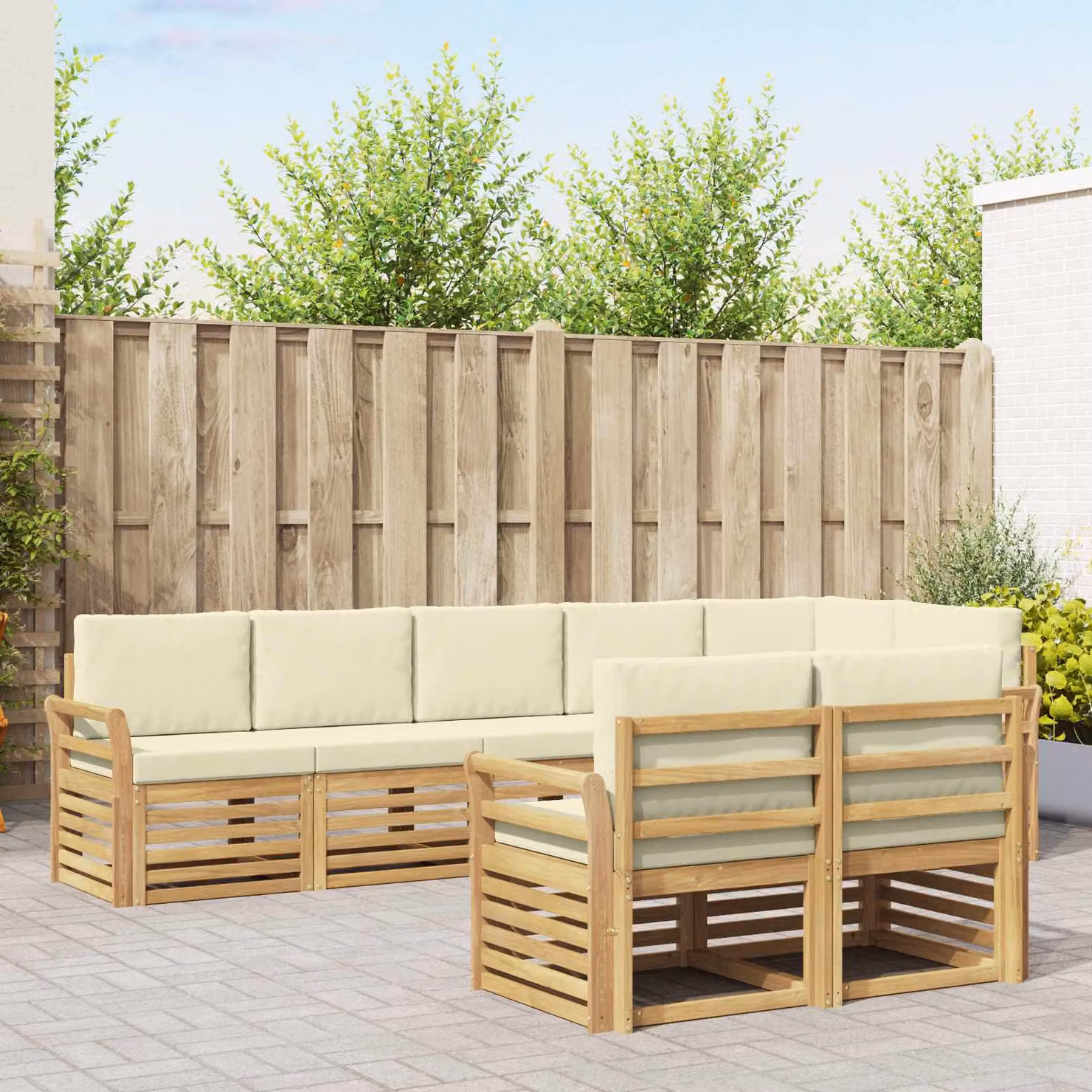 vidaXL Set di divani da esterno a L in legno di acacia con cuscini, Bianco e Beige