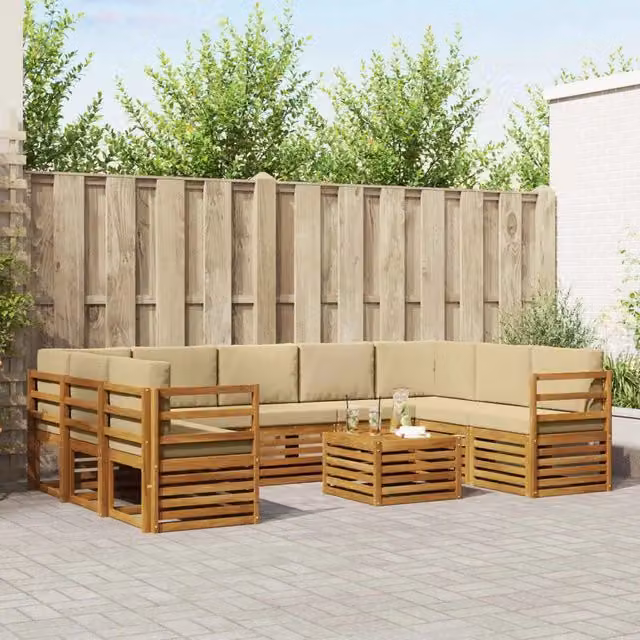 Set di divani da esterno a L con tavolino da caffè vidaXL in legno di acacia e beige – 1
