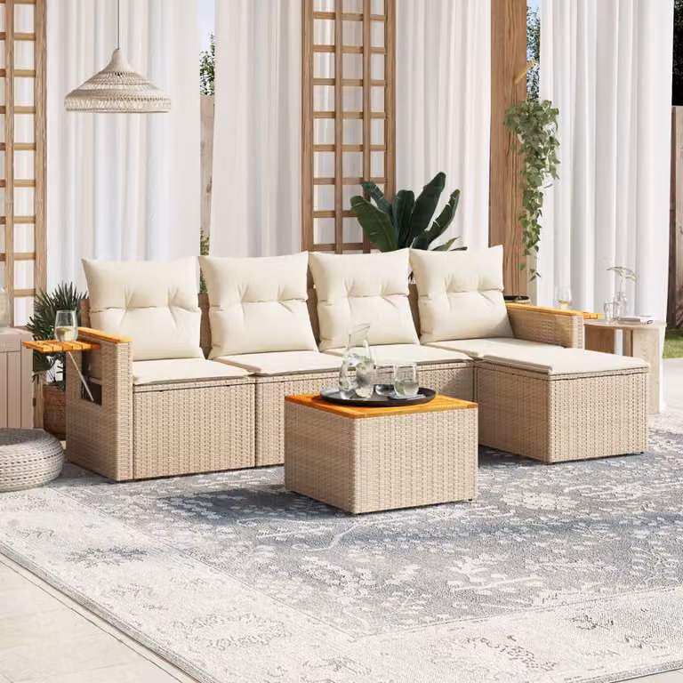 vidaXL Set Divano da Giardino a L in Polyrattan Beige con Cuscini e Ottoman