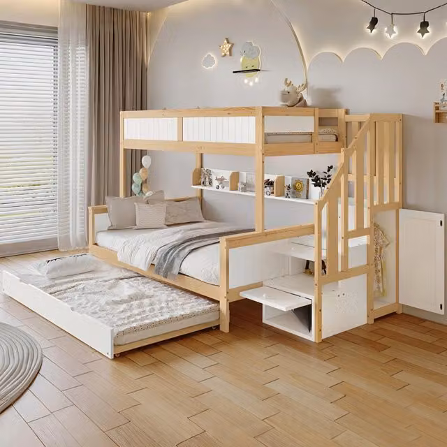 Letto a castello Mivray con letto estraibile e scala con contenitori, colore bianco e beige, L/P/H: 252 x 120 x 148 cm