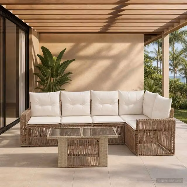 Set Divano da Giardino 6 Pezzi vidaXL in Polyrattan Beige e Bianco con Cuscini e Tavolino – 1