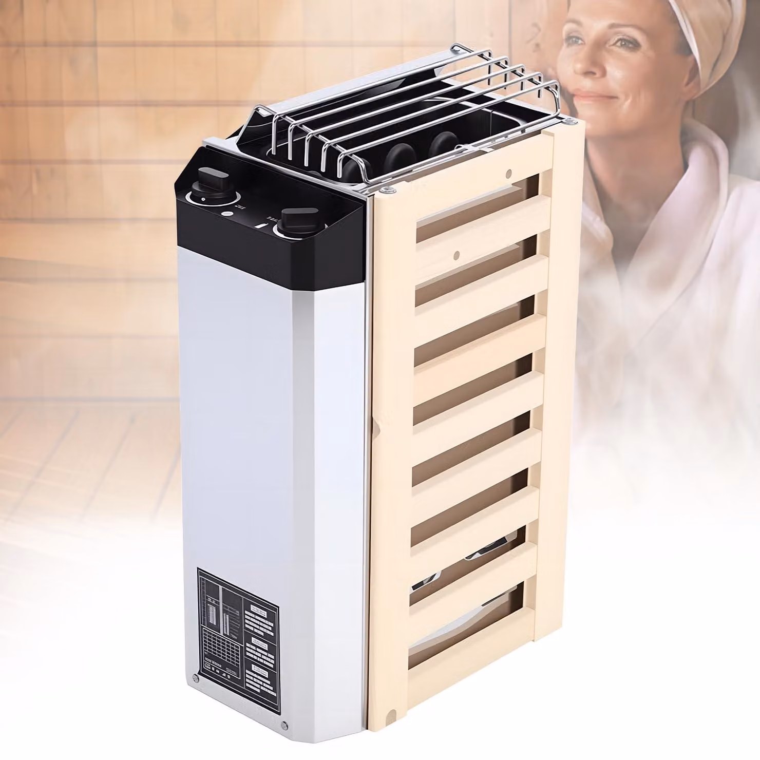Stufa per sauna, 3,6 kW, 220 V, acciaio inossidabile, legno composito, controllo della temperatura
