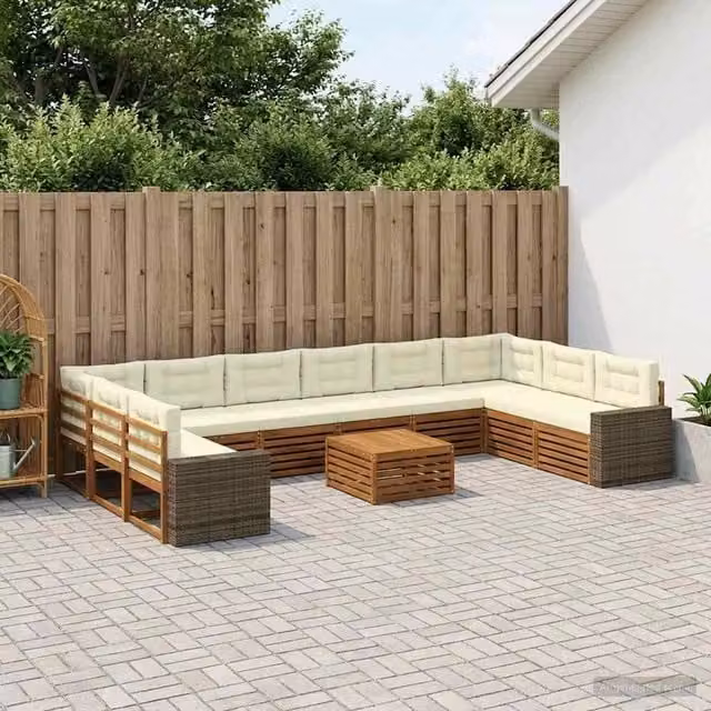 Set di divani da giardino vidaXL in legno di acacia massello composto da 11 pezzi, colore marrone e beige con cuscini inclusi – 1