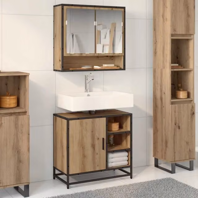 Set di mobili da bagno moderni vidaXL in legno rovere e metallo nero, composto da mobile lavabo, pensile con specchio e colonna, finitura lucida – 1
