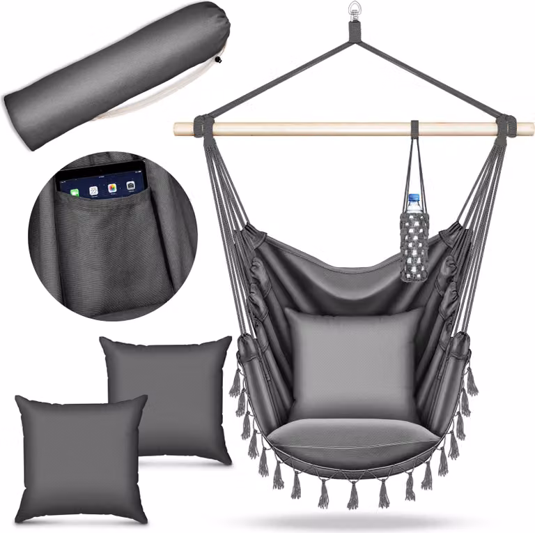 tillvex hanging chair antracite 2 cuscini da appendere | hanging chair con portabicchieri e scomparto per libri | hanging seat resistente alle intemperie - indoor & outdoor | cesto appeso con borsa per il trasporto per adulti e bambini