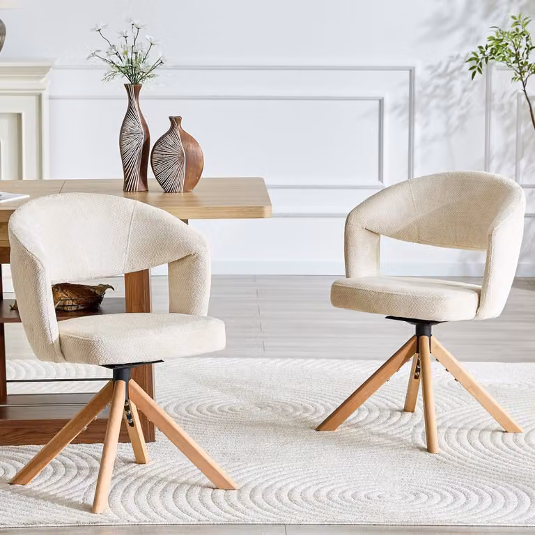 Set da 2 sedie girevoli retrò per sala da pranzo in tessuto testurizzato bianco crema con gambe in legno massello, girevoli a 360 gradi con schienale, altezza 81,5 cm