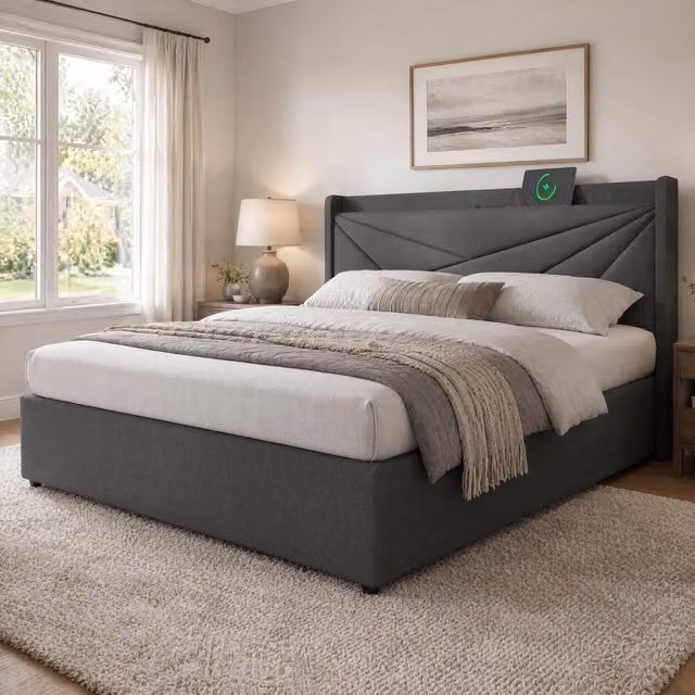 Letto matrimoniale 140x200 con contenitore, testiera imbottita e ricarica USB/USB-C