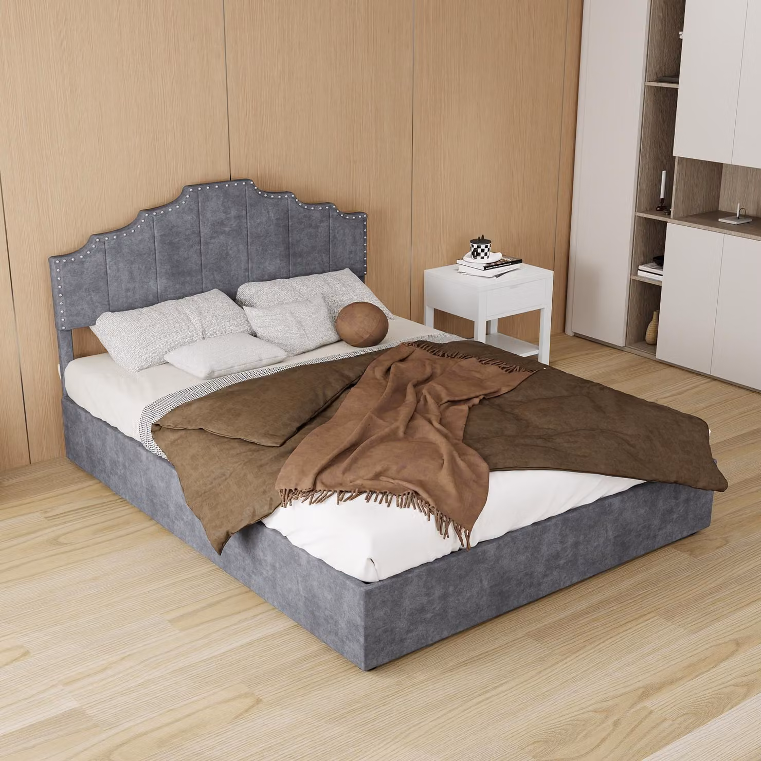 Letto imbottito 180x200 cm con funzione di ricarica USB, illuminazione LED e 4 cassetti, struttura del letto con rete a doghe in legno e testiera, color beige