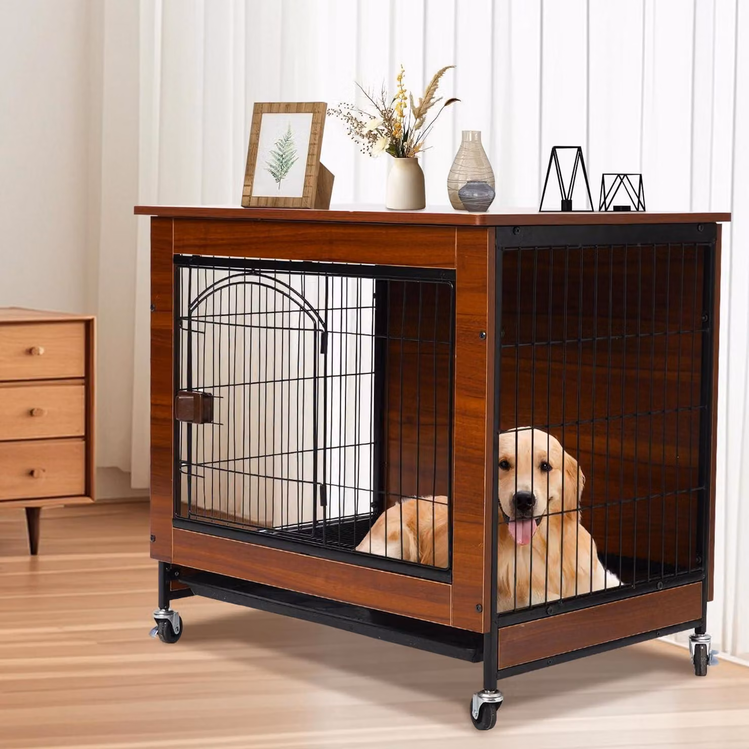 Gabbia per cani, mobile in legno, 78 cm, per interni, con ruote, color vintage marrone, adatta a cani di piccola/media taglia, dimensioni 78x55x73 cm