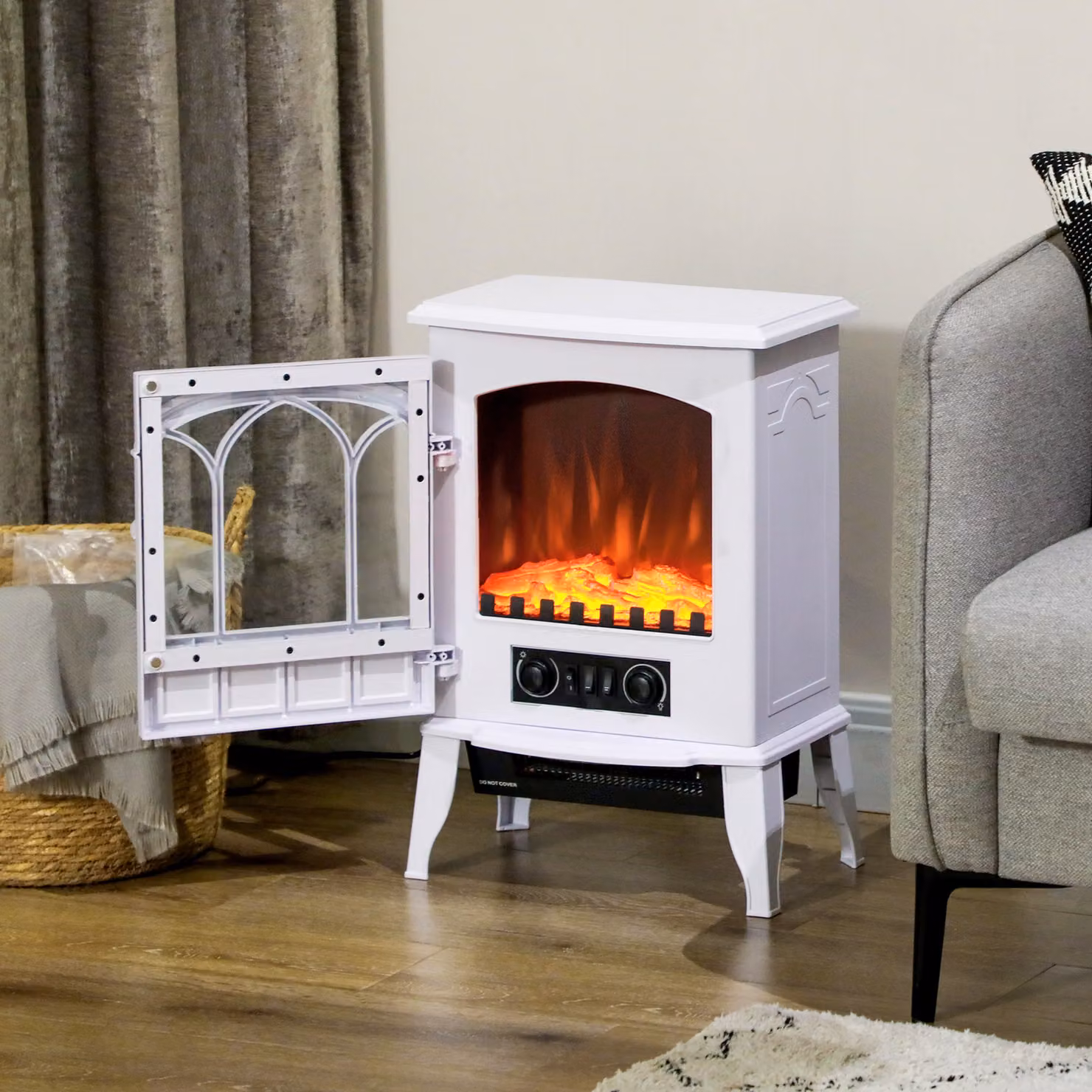 Camino elettrico da terra Aosom con effetto fiamma regolabile, potenza 1000W/2000W, Bianco, L: 39 cm, P: 23 cm, H: 56.5 cm – 2