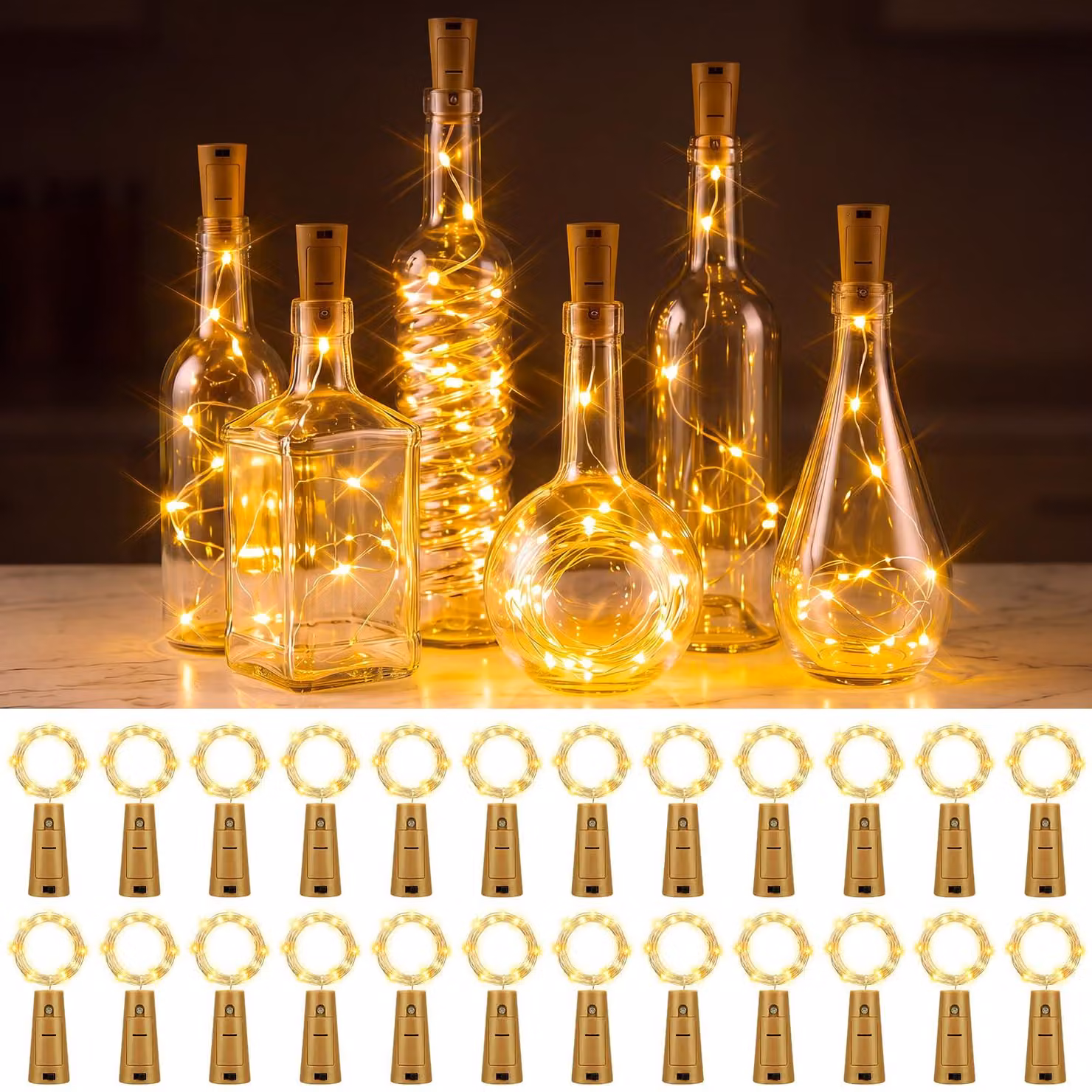 Catena luminosa a LED, 2 metri, 20 LED, luce bianco caldo, confezione da 24 pezzi