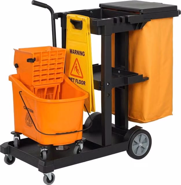 Carrello per pulizie HOMCOM con 3 ripiani, secchio con strizzatore e sacco da 70L, giallo e arancione