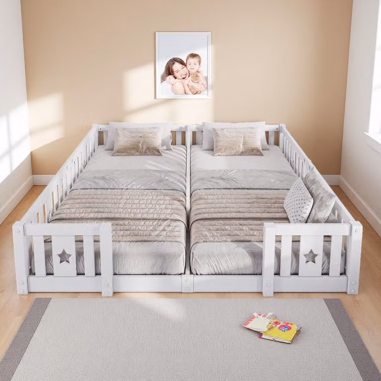 Letto a soppalco bianco ProximaX con sponda di protezione 90x200 cm, struttura in legno di pino con apertura a forma di stella, rete a doghe inclusa, sponda di protezione a prova di bambino, portata 100 kg, stile europeo per camerette e camere da letto