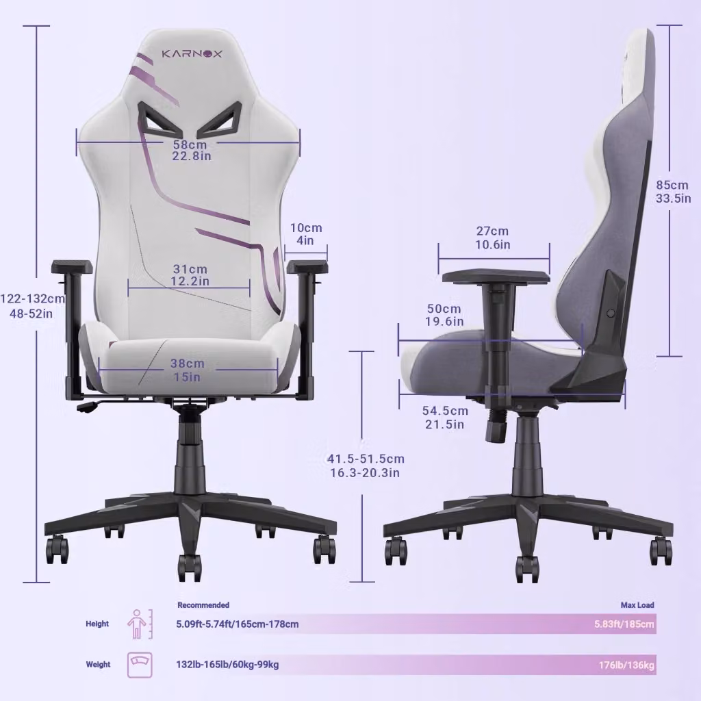 Sedia Gaming Ergonomica WISHDOR in Tessuto e Finta Pelle con Poggiatesta, Bianca e Viola – 2