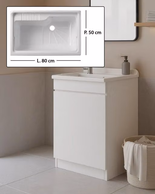 Mobile Lavatoio in legno Nobilitato Bianco con uno sportello e pilozzo lavabo in resina x lavanderia bagno Dimensioni (Larghezza x Profondità): L 80 x P 50 cm