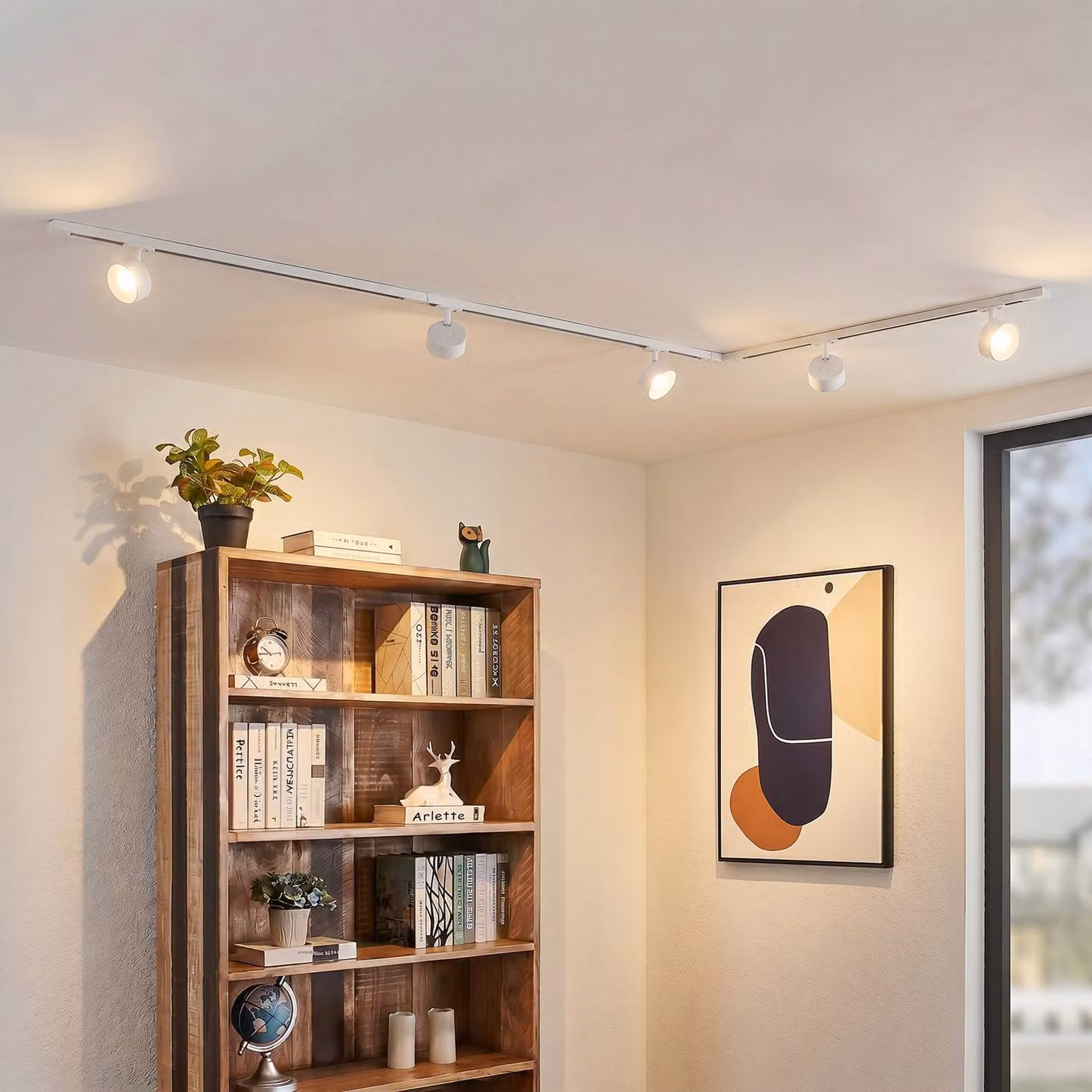 Sistema di binari Lindby Linaro, Ø 9,5 cm, a 5 luci, LED, bianco Linaro, Bianco / Opale, Studio / Ufficio, Alluminio, Moderno