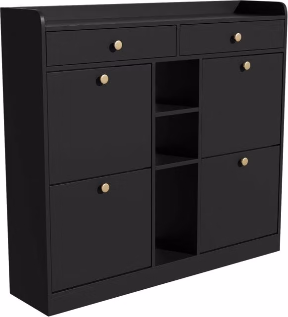 Scarpiera per ingresso con 4 ante a ribalta, 2 cassetti e 3 vani aperti, in MDF nero opaco, L: 110 cm, P: 26 cm, H: 100 cm – 1