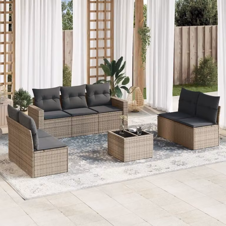 Set Divano da Giardino vidaXL 8 pz in Polyrattan Grigio con Cuscini e Tavolino