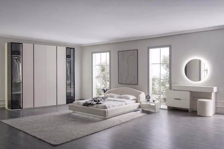 Letto, comodino, armadio, stile moderno, colore beige, camera da letto