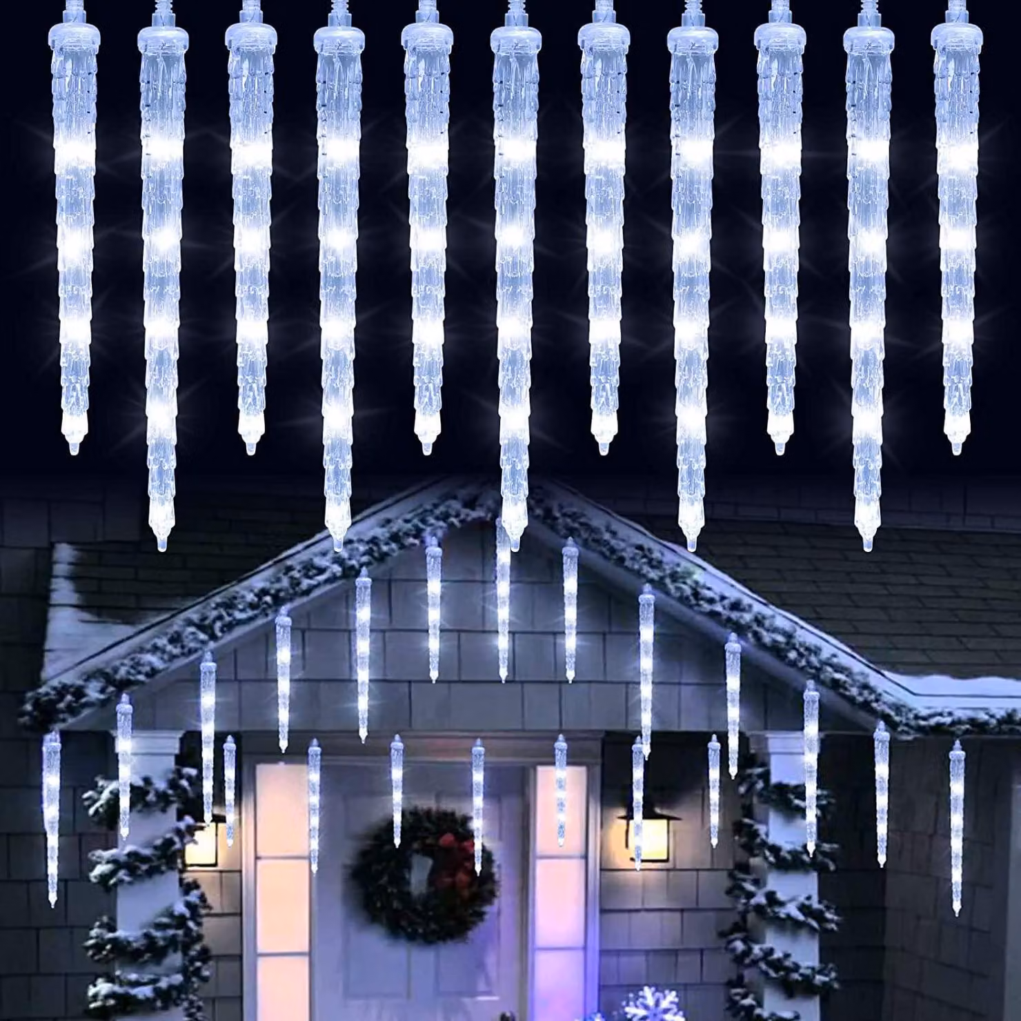Catena luminosa a forma di ghiacciolo, 20 elementi, 90 LED, 8 modalità, colore bianco, con timer, impermeabile