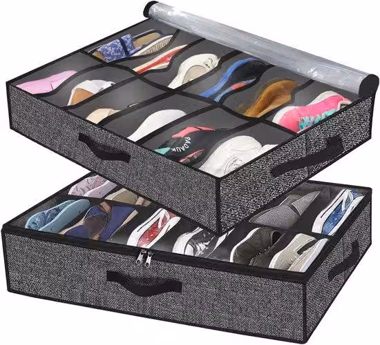 Scatola porta scarpe con coperchio trasparente e fibbia, 2 pezzi, nera, 75x60x15 cm