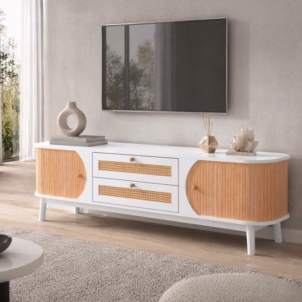 Mobile TV REDOM in stile rustico con ante e cassetti in bianco, beige e legno con dettagli in rattan, L 170 cm x P 39,5 cm x H 46 cm – 2