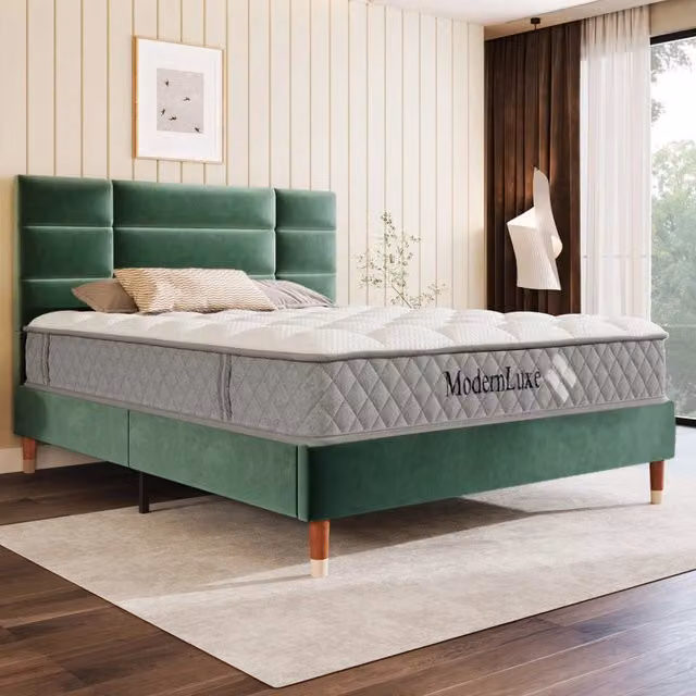 Letto imbottito matrimoniale con doghe, 140x200 cm, struttura imbottita con testiera, in velluto verde scuro, per adulti e ragazzi (Con materasso)