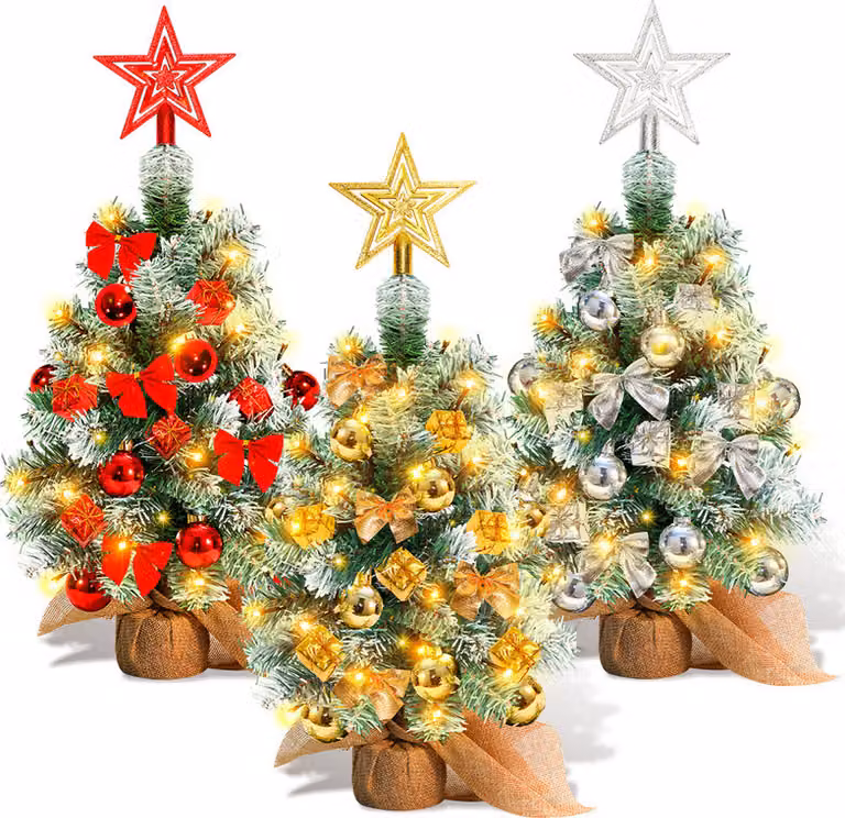 Jopassy 40cm Mini Albero di Natale Artificiale Albero di Natale con Palla di Natale, Piccolo Fiocco e Luci LED