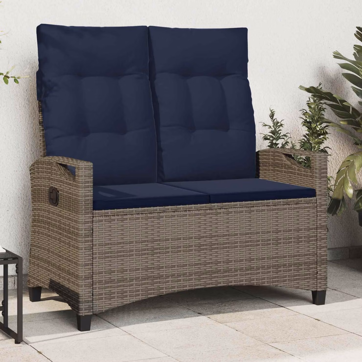Panchina da giardino moderna vidaXL in metallo e rattan con cuscini blu, L 105 cm x P 60 cm x H 112 cm