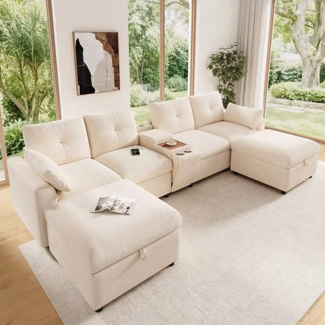 Divano angolare modulare a U REDOM beige con 2 pouf contenitore L: 316 cm, P: 140 cm, H: 84,5 cm