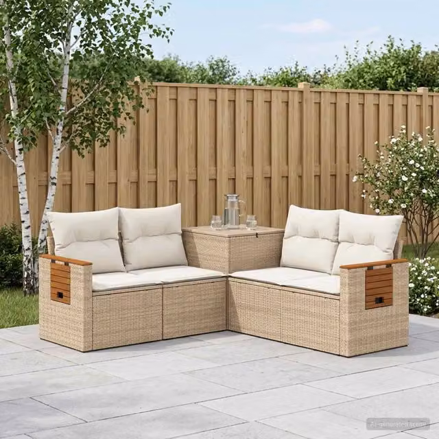 Set di divani da giardino a forma di L vidaXL in polyrattan beige e bianco con cuscini inclusi – 1