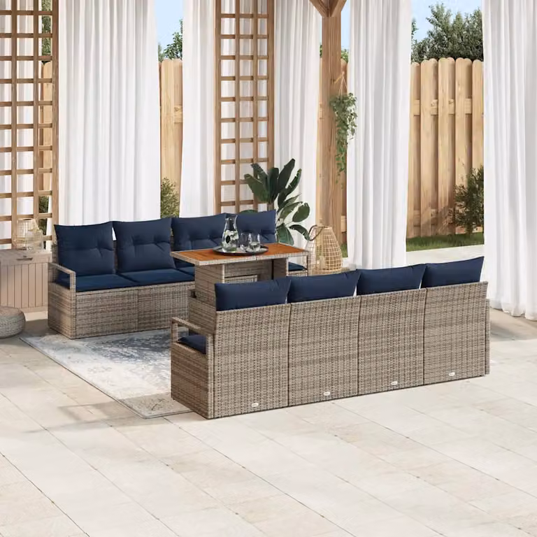 Set Divano da Giardino vidaXL 9 Pezzi in Rattan con Struttura in Legno di Acacia, Grigio e Blu Navy