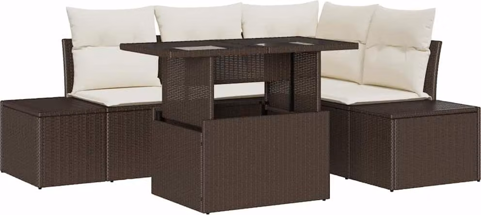 Set Divano da Giardino con cuscino 5 pcs Marrone polyrattan