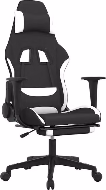Sedia da Gaming Sportiva in Tessuto con Poggiatesta e Ruote, Nero e Bianco