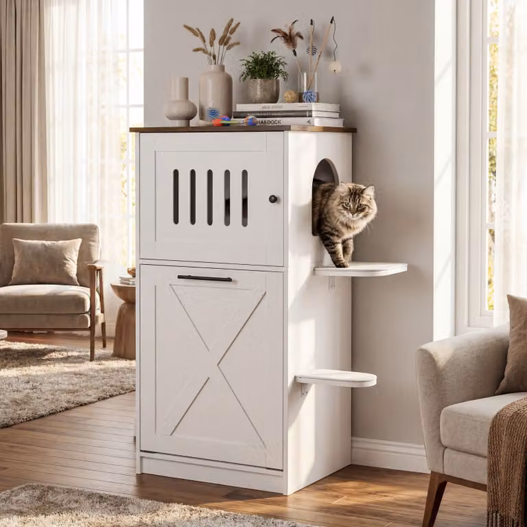 Costway Mobile lettiera per gatti con cuccia nascosta, armadietto ribaltabile, 2 trampolini e tiragraffi, colore bianco