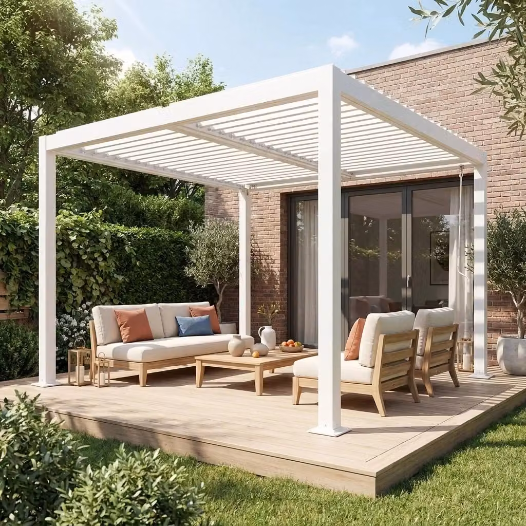 Pergola bioclimatica Sweeek in alluminio e acciaio galvanizzato bianco con lamelle orientabili L: 3 m, P: 3 m, H: 2,92 m – 2