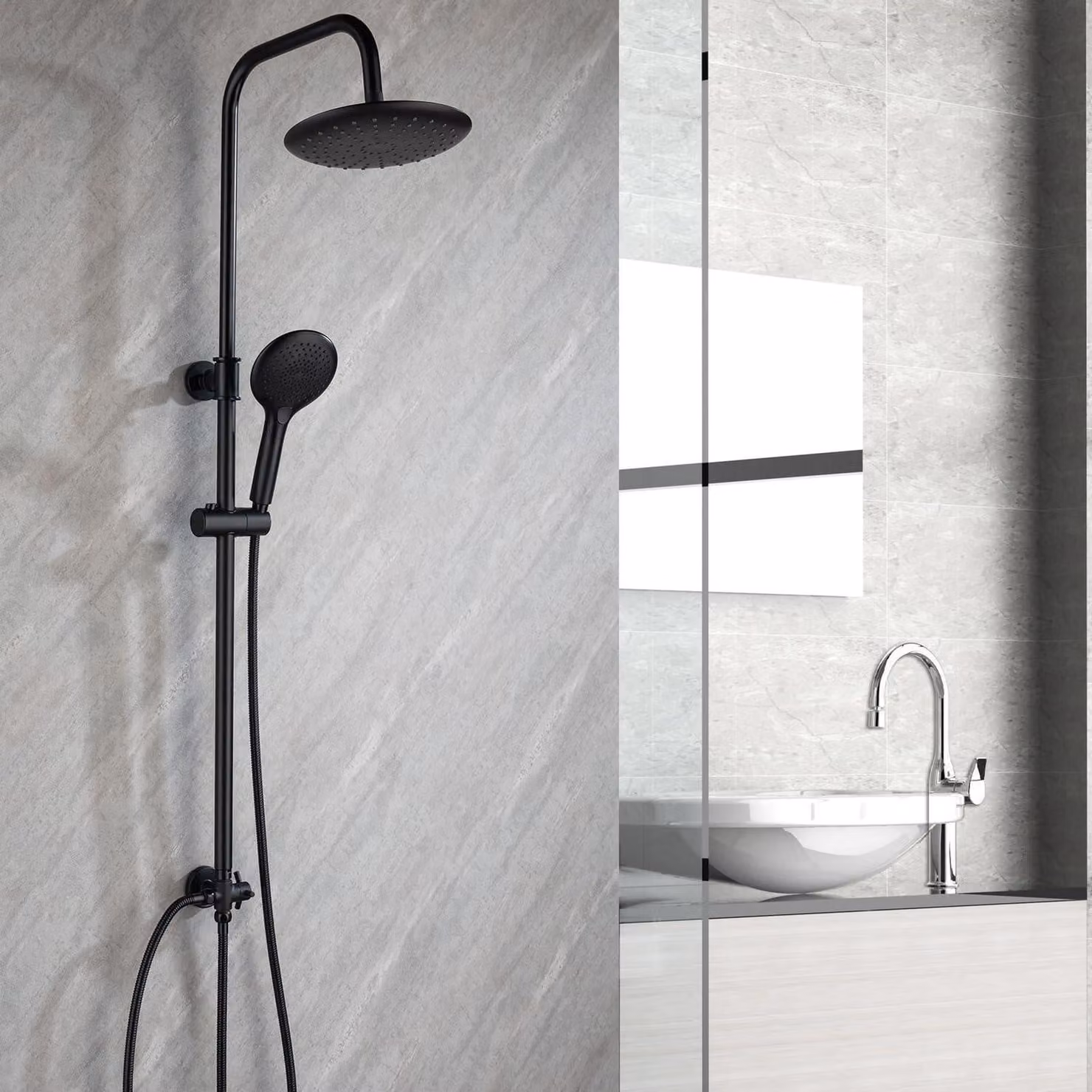 Sistema doccia senza miscelatore, colore nero opaco, diametro 23 cm, doccia a pioggia, altezza regolabile da 79 a 128 cm, 3 tipi di getto