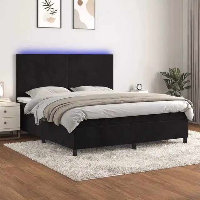 Letto Ibrido vidaXL in Velluto Nero con Materasso, Illuminazione LED Sotto il Letto e Porte USB, L/P: 180 x 200 cm