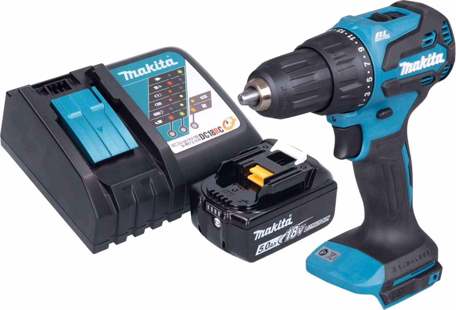 Makita DHP 490 RT1 Trapano avvitatore a percussione a batteria 18 V 65 Nm Brushless + 1x batteria 5,0 Ah + caricabatteria