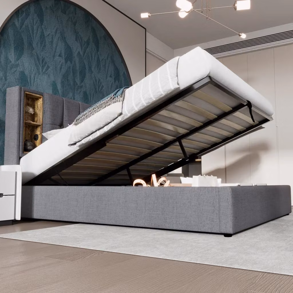 Letto Matrimoniale Contenitore Imbottito in Cotone Grigio con Ricarica USB e Ripiano Laterale L/P/H: 180 x 200 x 206 cm – 2
