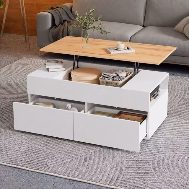 Tavolino basso alzabile con piano sollevabile 2 cassetti vano nascosto bianco effetto legno 100 × 50 × 40 cm