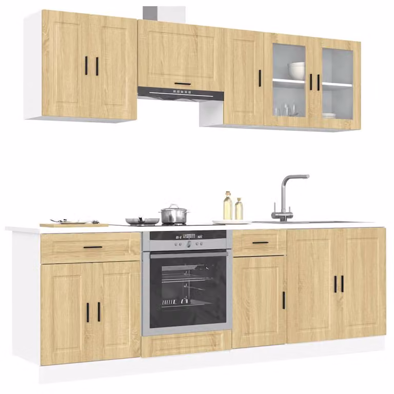 Set di mobili da cucina moderno vidaXL in 8 pezzi con ante in vetro, colore marrone e beige, in materiale composito e MDF