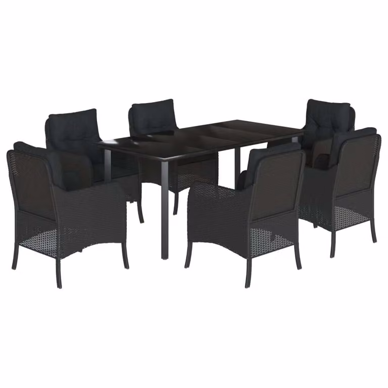Set da Pranzo da Giardino 7 pz Nero con Cuscini in Polyrattan