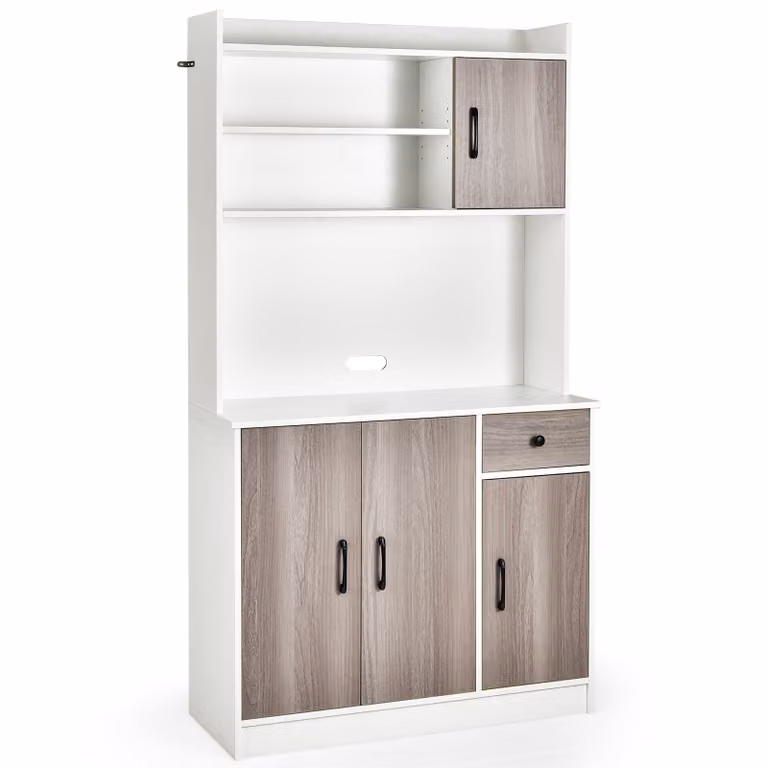 COSTWAY Mobile da cucina alto 180 cm con stazione di ricarica integrata, credenza buffet con piano, piano di lavoro, 4 ripiani regolabili Bianco