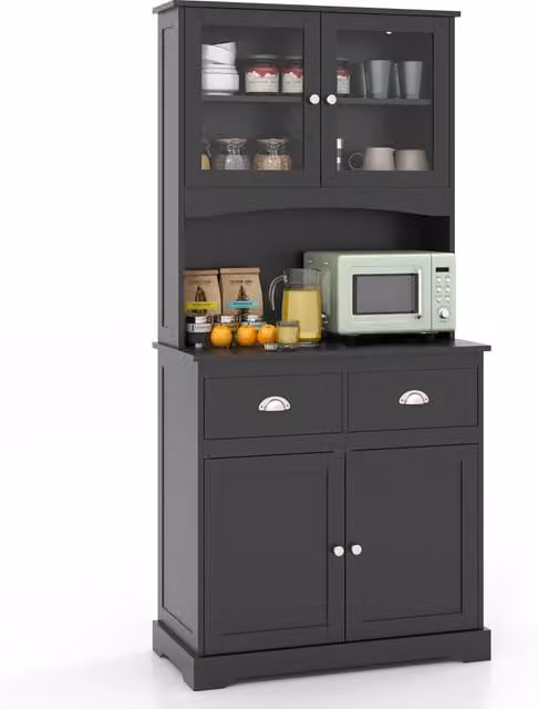 Buffet da cucina da 170cm con mobiletto 4 ante con vetrine in vetro temperato e 3 ripiani regolabili, Credenza autoportante Nero