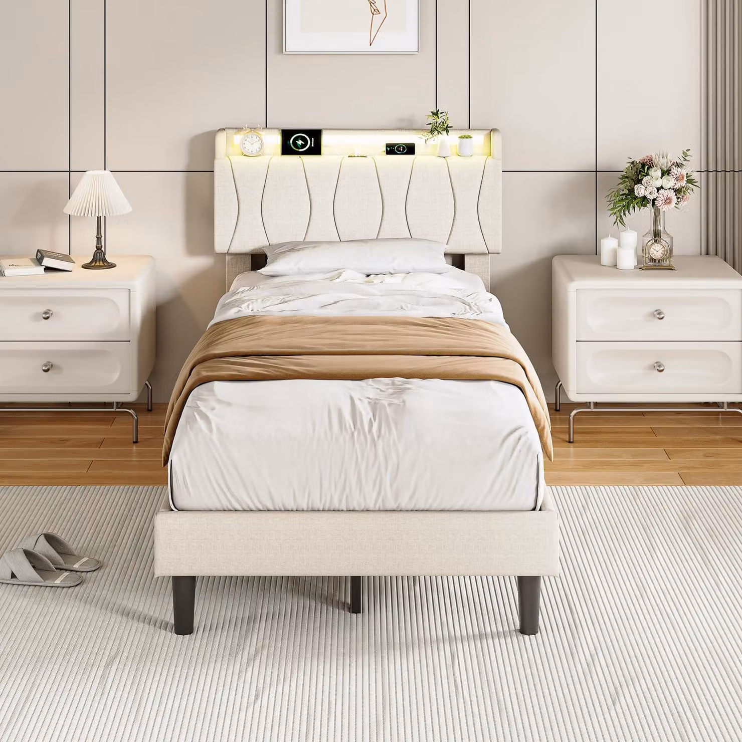 Letto imbottito REMZETTA, 90x200 cm, singola, con LED RGB, controllo tramite app, porta USB-C, 2 porte USB e rete a doghe, color beige, senza materasso