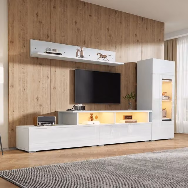 Mobile TV 3 pezzi con illuminazione LED e vetrina in pannello truciolare bianco