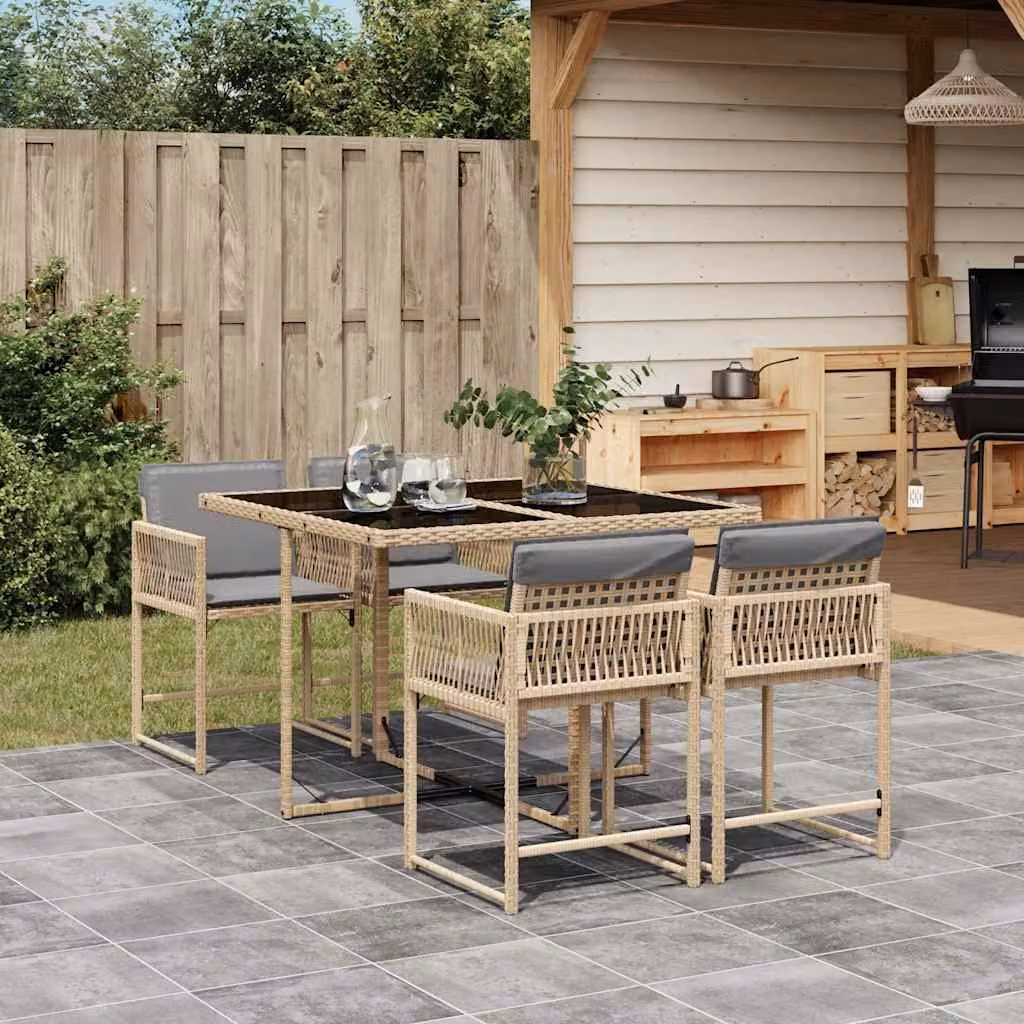 Set Pranzo da Giardino vidaXL in Polyrattan con Cuscini Beige Misto e Tavolo in Vetro 5 pz – 1