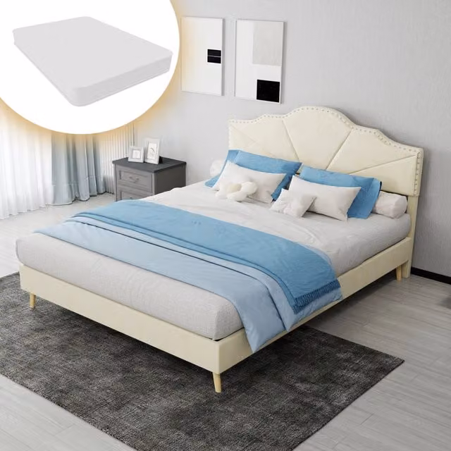 Letto matrimoniale imbottito 140×200 cm con testiera geometrica, materasso incluso, tessuto beige e metallo